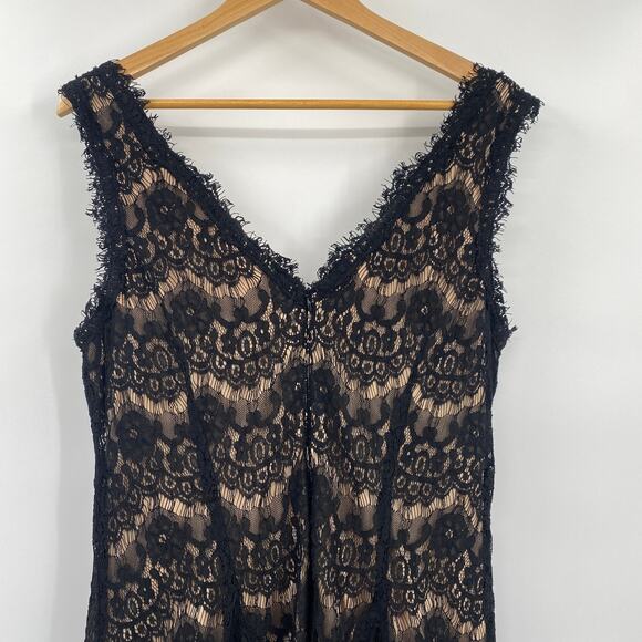 Betsy & Adam Lace Overlay Cocktail Mini Dress Tulle Skirt V Neck Black Cream 16 - Picture 6 of 9